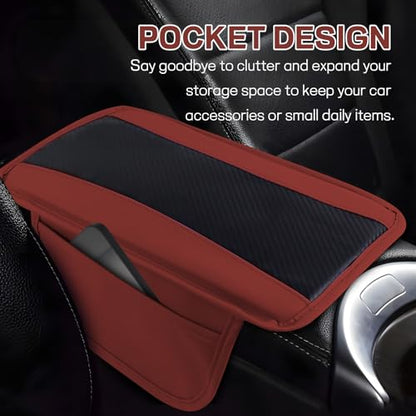 Car Center Console Cover, 12.48"×7.4" Carbon Fiber Leather Auto Armrest Cover, Vehicle Armrest Cushion Pad with Storage Pocket, Universal Arm Rest Protector Car Accessories (Red) - color: Red