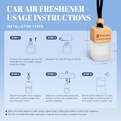 Car Air Freshener Hanging, 3 Pcs Cotton Fresh, Fresh Linen, Cardamom & Cedar, Car Scent Air Fresheners Diffuser for Car, 45+ days Long Lasting Fragrance, 0.27 FL OZ/8ML