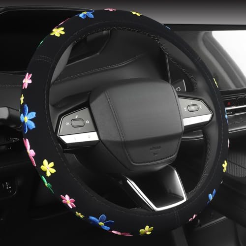Embroidery Cute Steering Wheel Cover-Deluxe Floral Car Decor,Anti-Slip,Sweat Absorption,Universal 15 inch (floral1) - color: floral1