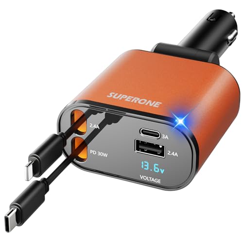 SUPERONE 【Upgraded】 Retractable Car Charger 4 in 1, Fast Car Phone Charger with Cord 2.6ft, USB C and Apple Car Charger Adapter, Compatible with iPhone 17/16/15/15 Pro Max/14/13/12/11, Galaxy, Pixel - color: Orange