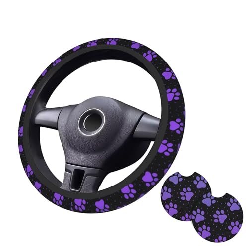 Purple Paw Print Steering Wheel Cover Dog Paw Print Steering Wheel Cover Anti-Slip Breathable Universal for 15 Inch Car with 2 Pieces Car Coasters Suitable for Men Women - color: Purple Paw Print1