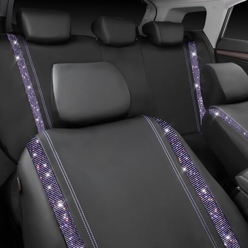 CAR PASS Bling Diamond Car Seat Covers Full Set,Shining Rhinestone Waterproof Faux Leather,Rear with Zipper,Universal Fit Automotive Glitter Crystal Sparkle Strips for Women,Violet Purple Rhinestone - color: Black Violet Diamond, size: Full Set