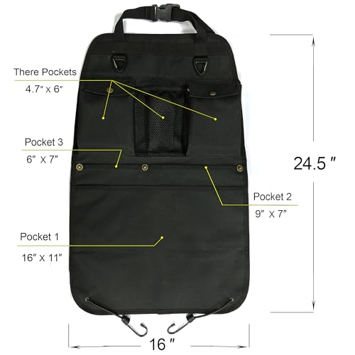 Black Car Seat Back Organizer with Multiple Pockets and Hooks - color: black