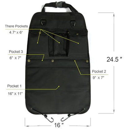 Black Car Seat Back Organizer with Multiple Pockets and Hooks - color: black