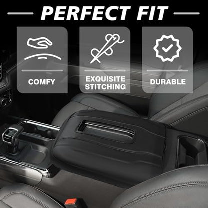 Muslogy Center Console Armrest Cover Fit for Chevy Silverado & GMC Sierra 1500 2500 3500 2022-2026 Accessories, Comfort Armrest Pad Console Lid Cushion Vegan Leather Regular Thick(Bucket Seat ONLY) - size: 1) 22-25 |Silverado & Sierra| Bucket Seat, Regula