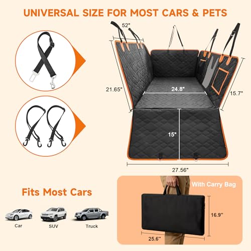 Dog Car Seat Cover for Back Seat, 600D Heavy Duty Hard Bottom Back Seat Extender for Dogs, Waterproof Scratchproof Nonslip Dog Hammock with Mesh Window, Universal Fit for Cars Trucks SUVs