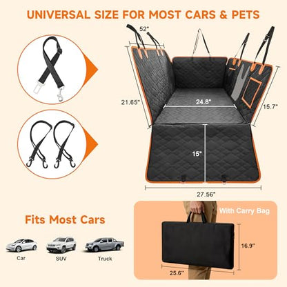 Dog Car Seat Cover for Back Seat, 600D Heavy Duty Hard Bottom Back Seat Extender for Dogs, Waterproof Scratchproof Nonslip Dog Hammock with Mesh Window, Universal Fit for Cars Trucks SUVs