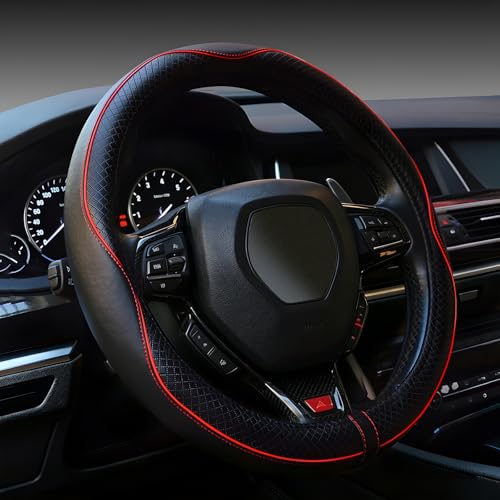 LABBYWAY Microfiber Leather Steering Wheel Cover, Universal 14.5-15 Inch,Anti Slip,Heavy Duty, Thick,Soft,Breathable Car Interior Accessories for Men Women (Black with Red line) - color: Black with Red Line