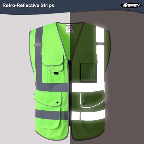 JKSafety 9 Pockets Class 2 High Visibility Zipper Front Safety Vest With Reflective Strips, Meets ANSI/ISEA Standards (Medium, 150-Green) - color: Green, size: Medium
