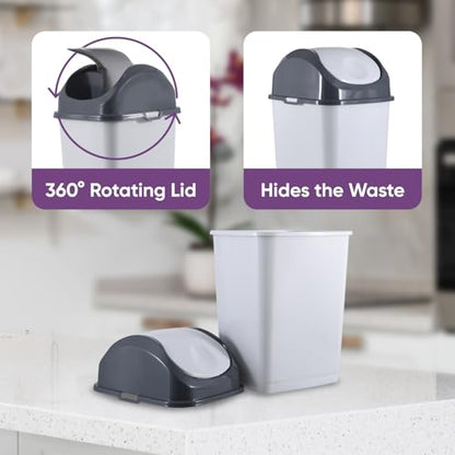 Superio Small 2.5 Gallon Plastic Trash Can with Swing Top Lid, Compact Slim Waste Bin for Under Desk, Office, Bedroom, Bathroom, Dorm Room, 10 Qt. Portable Garbage Can (SmokeWhite/Grey, 2 Pack) - size: 2.5 Gallon, style: 2 Pack