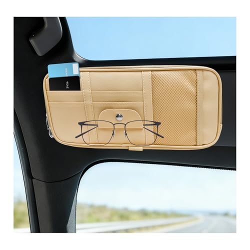 Car Sun Visor Organizer, Multi-Pocket Leather Auto Storage Pouch with Glasses Clip & Zippers, Multifunctional Sun Visor Storage Bag Ticket Organizer for Cars Trucks SUVs (Beige) - color: Beige
