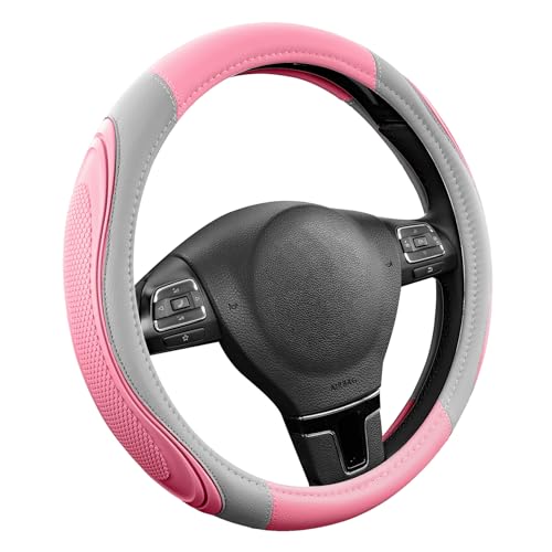 Road Comforts Car Steering Wheel Cover - Microfiber Leather Steering Wheel Wrap Sports 14.5-15 Inch Steering Wheel Cover Non-Slip for Men Women Pink & Gray Color - color: Pink&Gray