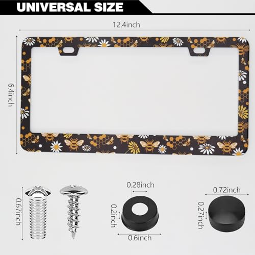 Bee Honeycomb and Flowers License Plate Frames, 2 Pack Bee Honeycomb Flower Car Plate Frame, Stainless Steel License Plate Holders Covers with Free Screws Fasteners Caps (Bee Flowers) - color: Bee flowers