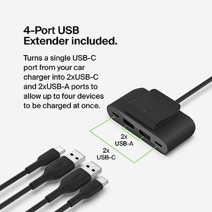 Belkin Boost↑Charge™ 30W Fast Car Charger, USB-C Power Delivery Port, 4-Port USB Power Extender, Universal Compatibility for iPhone 16, Galaxy S25, Note Series, Nintendo Switch 2 and More - Black - style: Charger + Power Extender