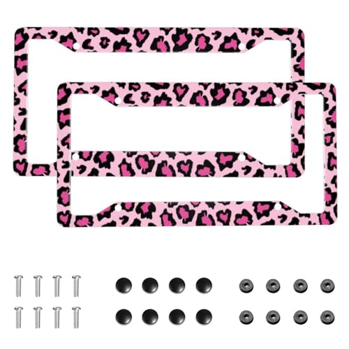 Pink Sexy Leopard Print License Plate Frames, Set of 2 Cheetah Rust-Proof Aluminum License Plate Holder, Women & Girl Car Decorative Tag Frames with Screws Fasteners Caps 12.3 X 6.3 in - color: Pink Leopard