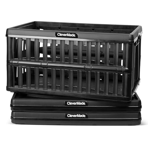 CleverMade 60L Collapsible Utility Crate (66 lb Capacity), Heavy Duty Folding Storage Crate, Stackable Plastic Organizer for Car Trunk, Garage & Groceries, 23 x 15 x 12 in, Obsidian - color: Obsidian, size: 60L - 3 Pack