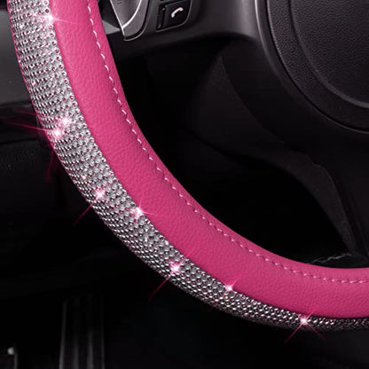 CAR PASS Diamond Pink Leather Steering Wheel Cover, with Bling Crystal Rhinestones Universal Fit 14" 1/2-15" Crystal Glitter for Women Sparkle Girl Fit Suvs,Vans,Sedans,Cars,Trucks, Pink Diamond - color: Pink Leather Diamond