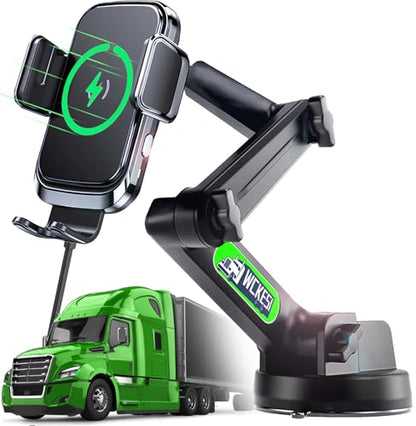 Truck Phone Holder Wireless Car Charger Mount, 15W Fast Charging Vacuum Phone Holder 14 Inch Long Arm Heavy Duty Pickup Windshield and Dashboard, Trucks Accessories for iPhone Samsung LG