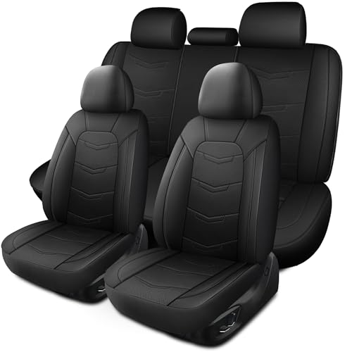 HChengkikz Car Seat Covers Full Set, Leather Car Seat Covers,Breathable and Sporty Car Seat Cover, Universal Fit Anti-Slip Seat Covers for SUV Cars Sedan and Truck (Full Seat, Black, N2) - color: Black, size: Full Set