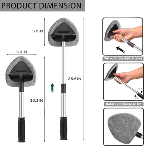 Car Windshield Cleaning Tools, Expandable Car Window Cleaner kit with 4 Reusable Microfiber Pads, Windshield Cleaning Wand Tool, Auto Interior Dust Brush, for Trucks, SUVs, RVs etc - color: grey