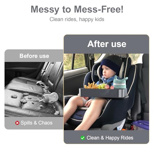 Car Seat Snack Tray for Toddlers - 3 Inch Cup Holder Fits Most Sippy Cups & Straw Bottles with Dip Well, Mess-Free Square Kids Travel Tray Road Trip Essentials, Dark Grey - color: Dark Grey