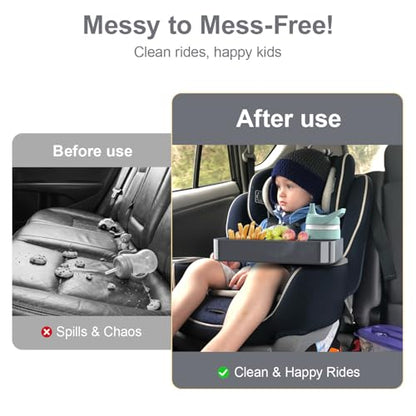 Car Seat Snack Tray for Toddlers - 3 Inch Cup Holder Fits Most Sippy Cups & Straw Bottles with Dip Well, Mess-Free Square Kids Travel Tray Road Trip Essentials, Dark Grey - color: Dark Grey