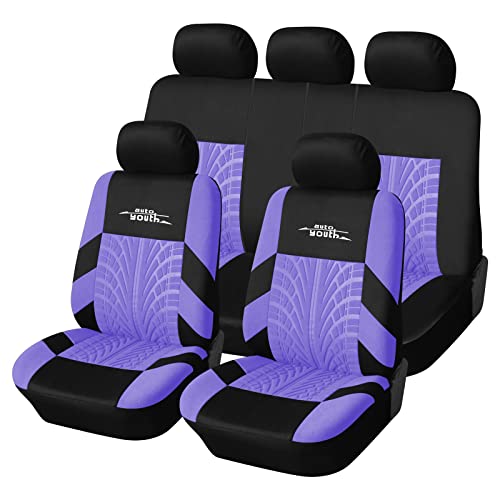 AUTOYOUTH Purple Car Seat Covers Full Set, 3D Tyre Embossed Front Bucket & Split Rear Bench Covers, Airbag Compatible, Quick Setup Universal Fit for Car, SUV, Seat Protectors (9pcs) - color: Purple, size: Full Set (9 pieces)
