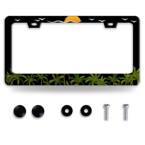 Palm Tree License Plate Frame Sunset Waves License Plate Hawaii Auto Accessory Decoration Stainless Steel Funny Car Decoration with Screws 6 x12 Inch - color: Palm Sunset Wave