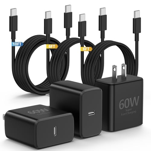 Essri 3Pack 60W Super Fast Charger for Samsung Galaxy S26 Ultra,Type C Charger Fast Charging with 6/6 /10FT Long USB C Cord for Samsung Galaxy S26/S26+/S25/S25 Ultra/S25+/S24 Ultra/S23 Ultra/S22 - color: Black, size: 3pack 6+6+10 Feet