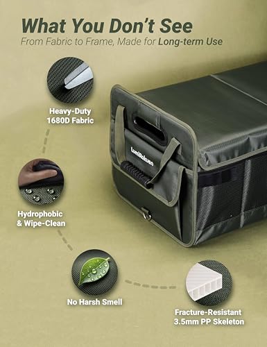 Heavy Duty Trunk Organizer with Lid for Car SUV-1680D Water-Resistant Fabric &3.5mm PP Skeleton,Collapsible Cargo Storage Box with No Sliding Metal Hooks,Fits Tesla,Truck,Sedan (XL Green - color: Moss Green