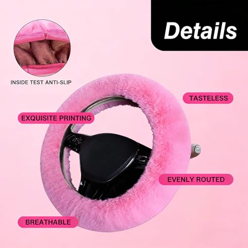 1 Set 6 Pcs Fluffy Car Steering Wheel Cover & Seat Belt Shoulder Pads & Handbrake Cover & Gear Shift Cover Set & Seat Belt Shoulder Pads Faux Wool Universal Fit Car Interior Accessories (Pink) - color: Pink