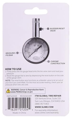 Slime 20049 Tire Pressure Gauge, Large Face Dial Analogue Gauge, 5-60 PSI - size: Large, style: Analogue