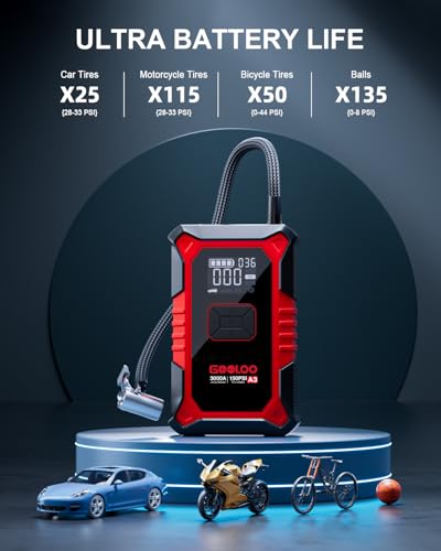 GOOLOO A3 Jump Starter with Air Compressor, 3000A Portable Car Battery Booster (9.0 Gas/6.5L Diesel) with 150PSI Auto-Shutoff Tire Inflator, 12V Supersafe Lithium Jump Box Car Battery Jumper Starter - color: Red