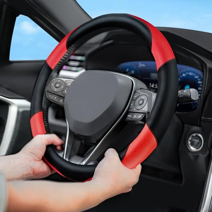 Soft Leather Steering Wheel Cover with Breathable Design and Anti-Slip Grip, Specially Designed for 14.5-15.2 inch Circular Steering Wheels - color: DOUBLE-RED