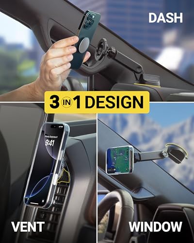 Scosche MagSafe Car Mount, Suction Cup Magnetic Windshield/Dashboard Cell Phone Holder with Vent Clip & Adjustable Flip Arm Compatible with PopSockets Grips, iPhone 16/15/14/13/12, Samsung Galaxy - size: 1 Pack, style: Vent / Window / Dash Extendo Suction