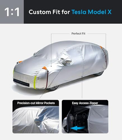 Wigoo Tesla Model X Car Cover Accessories 2015-2026, Custom Fit Waterproof All Weather Outdoor Full Car Cover, Windproof UV Rain Snow Dust Protection, Door Zipper, Charging Port, Ventilated Mesh - size: For Model X (2015-2026)