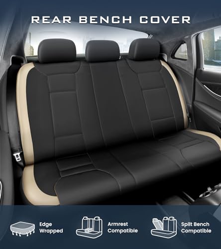 Premium Waterproof Car Seat Cover Full Set, Front and Rear Split Bench Seat Covers for Cars with Thicker Padding, Easy to Install Car Seat Cover Set (Grey) (Beige)