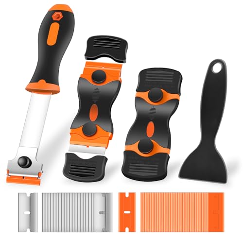 NECAMOCU 4 Pack Razor Blade Scraper, Premium Cleaning Scraper Tool with 50 PCS Metal & Plastic Razor Blades, Multi-Purpose Glass Scraper for Windows, Sticker, Decals, Cooktop, Paint Removal (Orange) - color: Orange