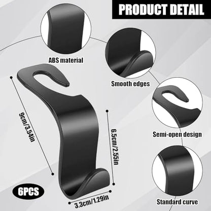 6 PCS Car Seat Hooks Set,Universal Car Headrest Hooks for Bags Purses Groceries, Back Seat Organizer Hanger,Black Smooth Design - color: Black Smooth Design