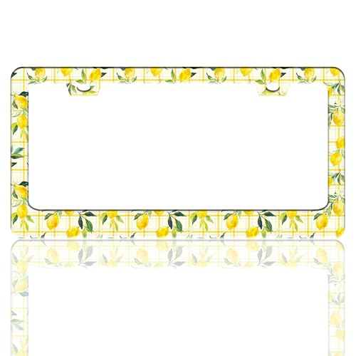 Lemon License Plate Frame Yellow Fruit Pattern Stainless Steel License Plate Holder for Front and Rear Car Tags Funny for Car Decoration Accessories 2 Hole with Screws 6.3 X 12.2 Inch for Women Men - color: Lemon