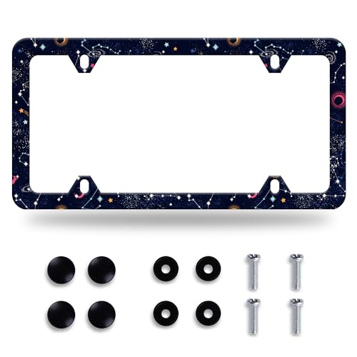 Star Moon Galaxy License Plate Frame Starry License Plate Frames Stainless Steel Accessories Cars Decor with 4 Holes and Screws Fits Standard US CA Vehicles Size 12.2 x 6 Inches - color: Star moon galaxy