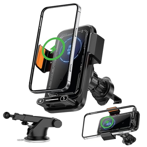 15W Wireless Car Charger & Auto Rotating Car Phone Holder MagSafe Compatible with LED Lights, Gesture Control Clamping, Auto Arm Opening, Built-In Battery, Dual Mount Options for Vent or Dashboard