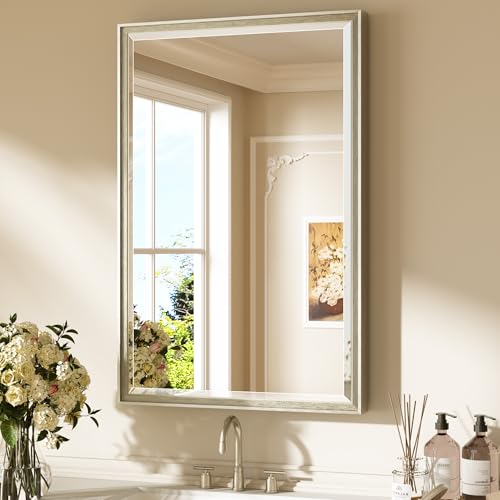 Keonjinn Brushed Nickel Bathroom Mirror 24" x 36", Sculpted Wide Frame, Tempered Glass Beveled Edge, Shatterproof, Silver Vanity Mirrors for Over Sink, Transitional Metal Framed Rectangle Mirror - color: Brushed Nickel, size: 36"L x 24"W