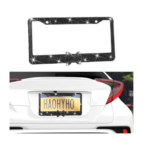 Bling Bow Car License Plate Frame, 2PCS Sparkly Rhinestone Vehicle License Plate Cover for Women Girls, Diamond Automotive Front Rear Number Tag Holder, Universal for SUV RV (Black) - color: Black