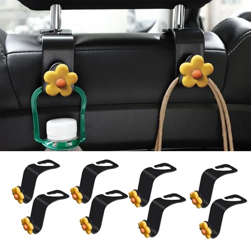8PCS Car Headrest Hooks, Cute Flower Vehicle Seat Organizer Hooks for Purses and Bags, Portable Automotive Purse Hanger Holder Decoration, Universal Car Accessories for SUV, Sedan, Truck (Dark yellow) - color: Dark yellow