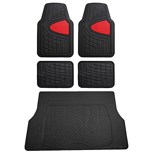 FH Group Premium Liners Tall Channel Trimmable All Weather Rubber Full Set Car Floor Mats (Red) w. Trimmable All-Season Cargo Liner (Black) - Universal Fit for Cars Trucks and SUVs - color: Red, style: With Cargo Mats