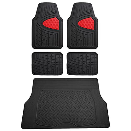 FH Group Premium Liners Tall Channel Trimmable All Weather Rubber Full Set Car Floor Mats (Red) w. Trimmable All-Season Cargo Liner (Black) - Universal Fit for Cars Trucks and SUVs - color: Red, style: With Cargo Mats