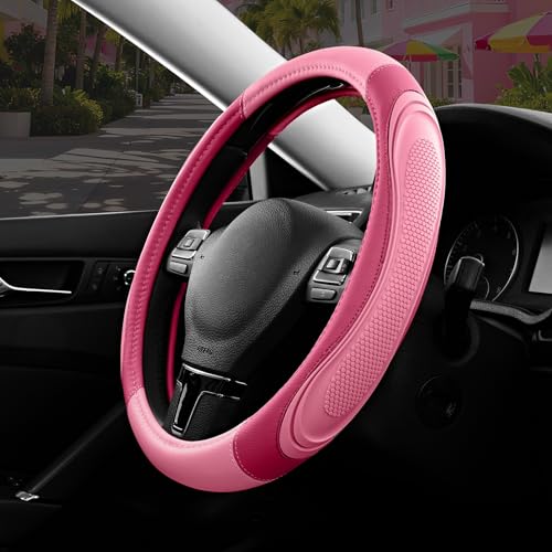 Road Comforts Car Steering Wheel Cover - Microfiber Leather Steering Wheel Wrap Sports 14.5-15 Inch Steering Wheel Cover Non-Slip for Men Women Pink & HotPink Color - color: Pink&HotPink