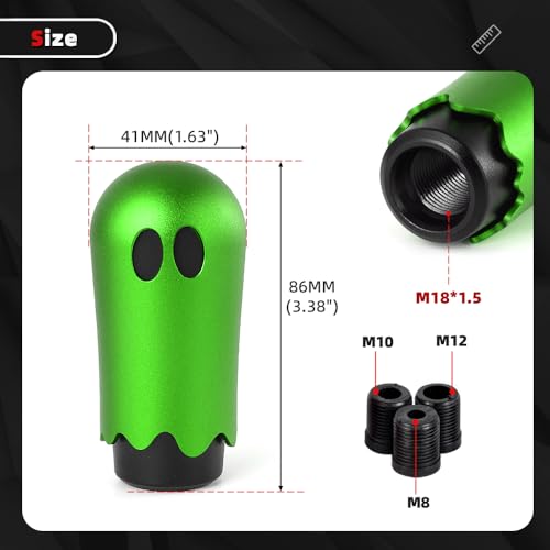 Ghost Shift Knob, Aluminum Weighted Automotive Gear Shift Manual knobs Lever with 3 Threaded Adapters M8 M10 M12 x 1.25, Universal for Vehicle Funny Cool Spooky Car Accessories (Green) - color: Green