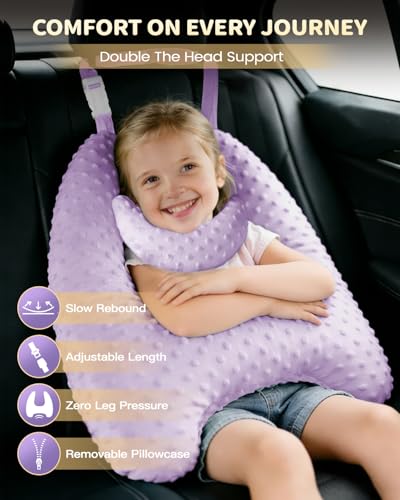 Memory Foam Kids Travel Pillow, Car Pillow for Kids, H-Shape Car Pillows for Sleeping, Removable Pillowcase, Adjustable, Velvet Dots, Purple - color: Velvet Dots Purple